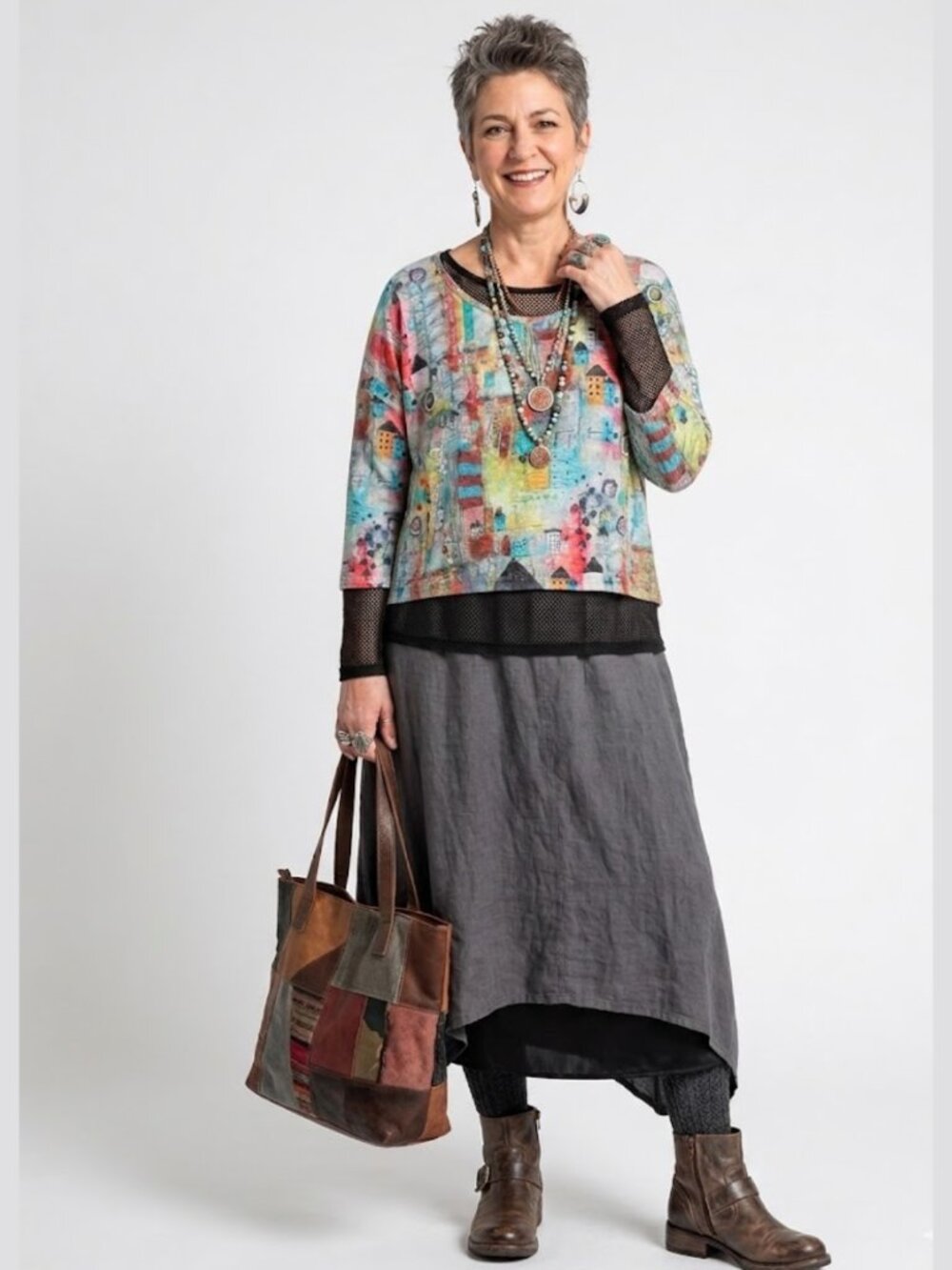 Artsy Lagenlook Abstract City Print Button Back Top Womens L 3/4 Sleeve Colorful